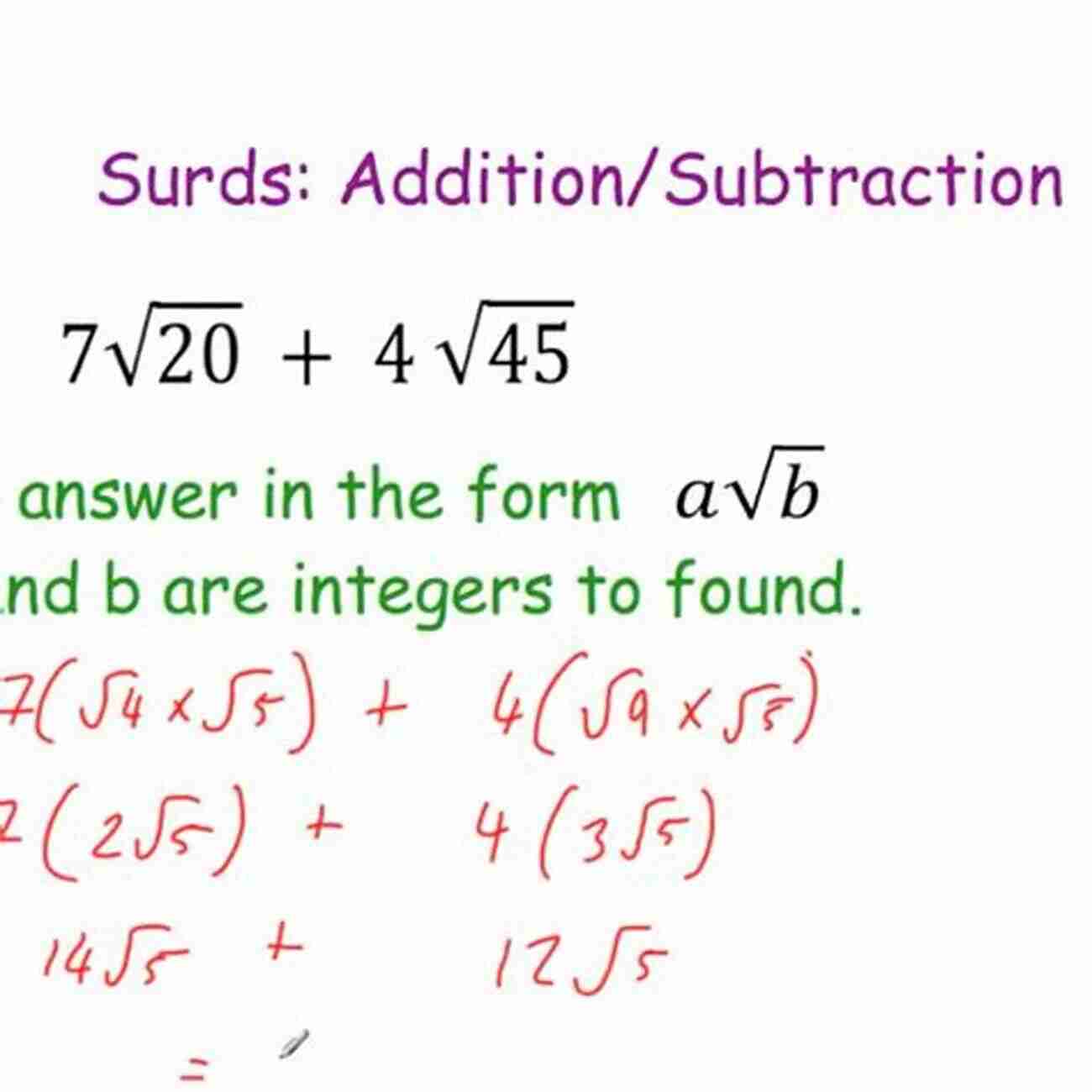 Adding Surds Example 1 All In One Worksheet Surds Part II Adding Surds