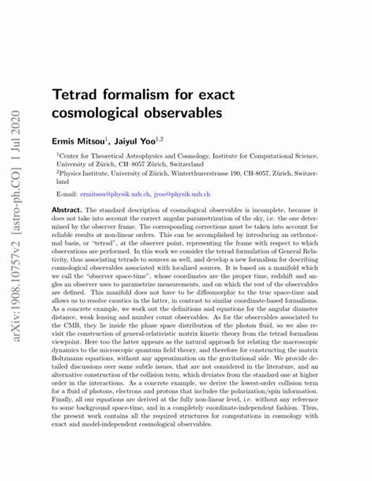 Long Descriptive Keywords Tetrad Formalism For Exact Cosmological Observables (SpringerBriefs In Physics)