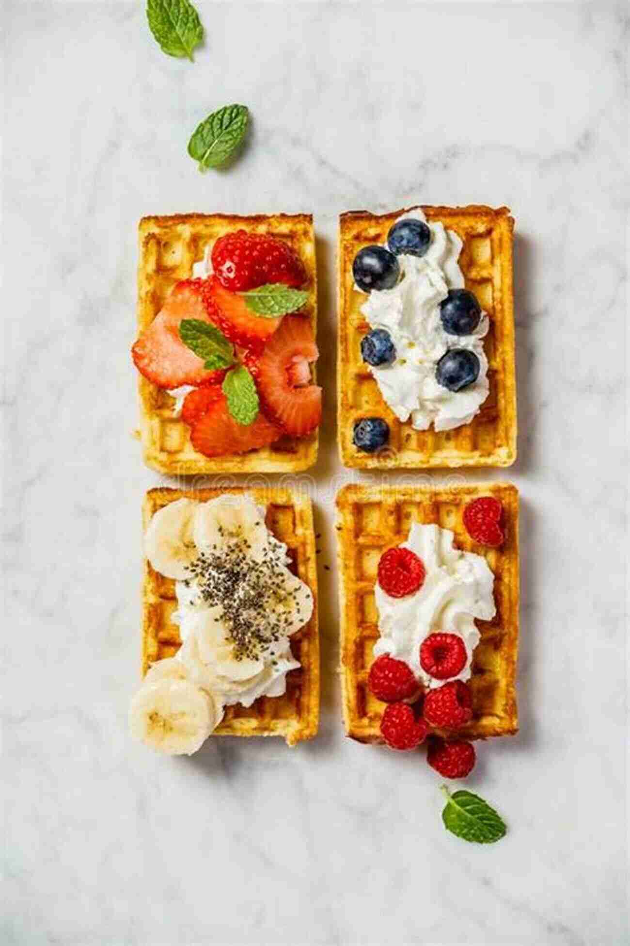 Mouthwatering Belgian Waffle Topped With Fresh Fruits And Whipped Cream. Belgium Travel Guide: With 100 Landscape Photos