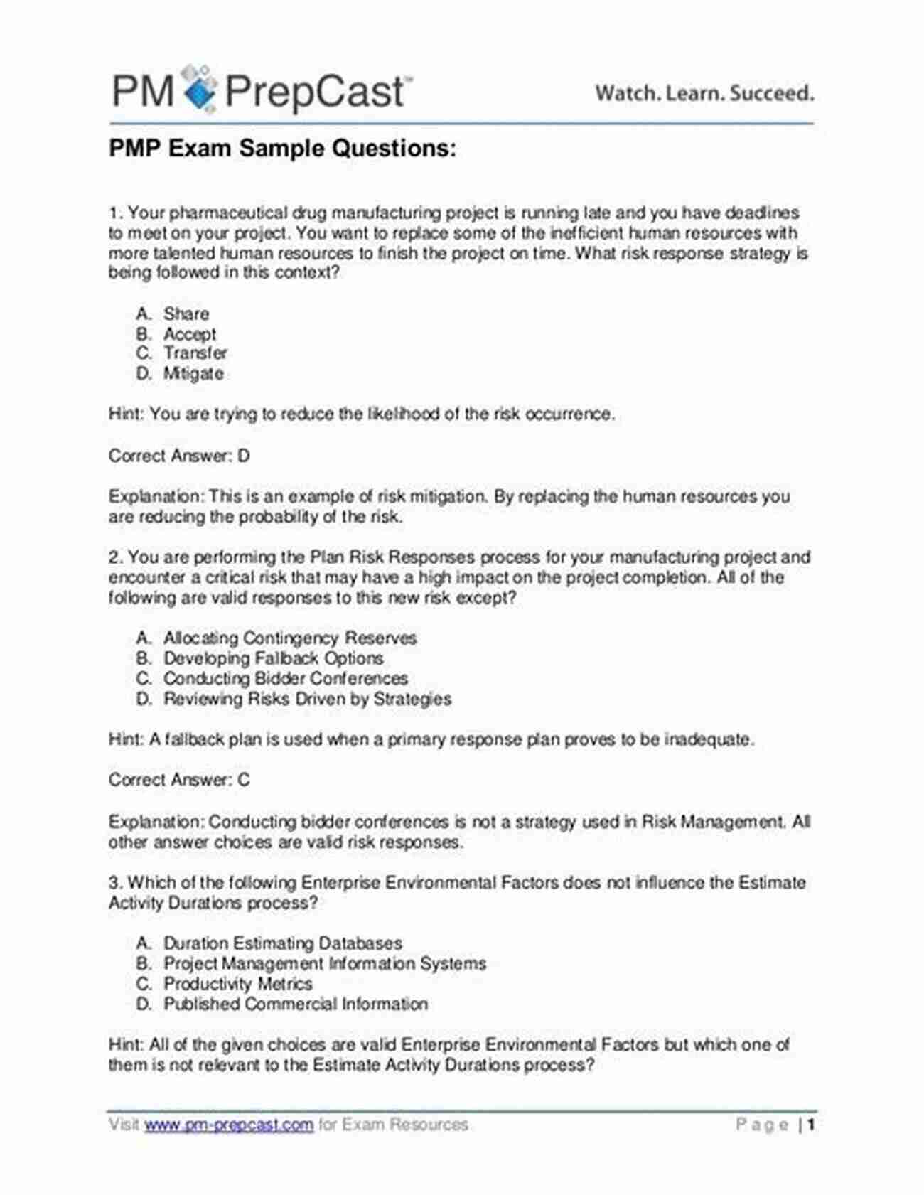 PMP Exam Practice Questions PMP Exam Practice Questions: Challenging Questions 180 Full Length Practice Test A