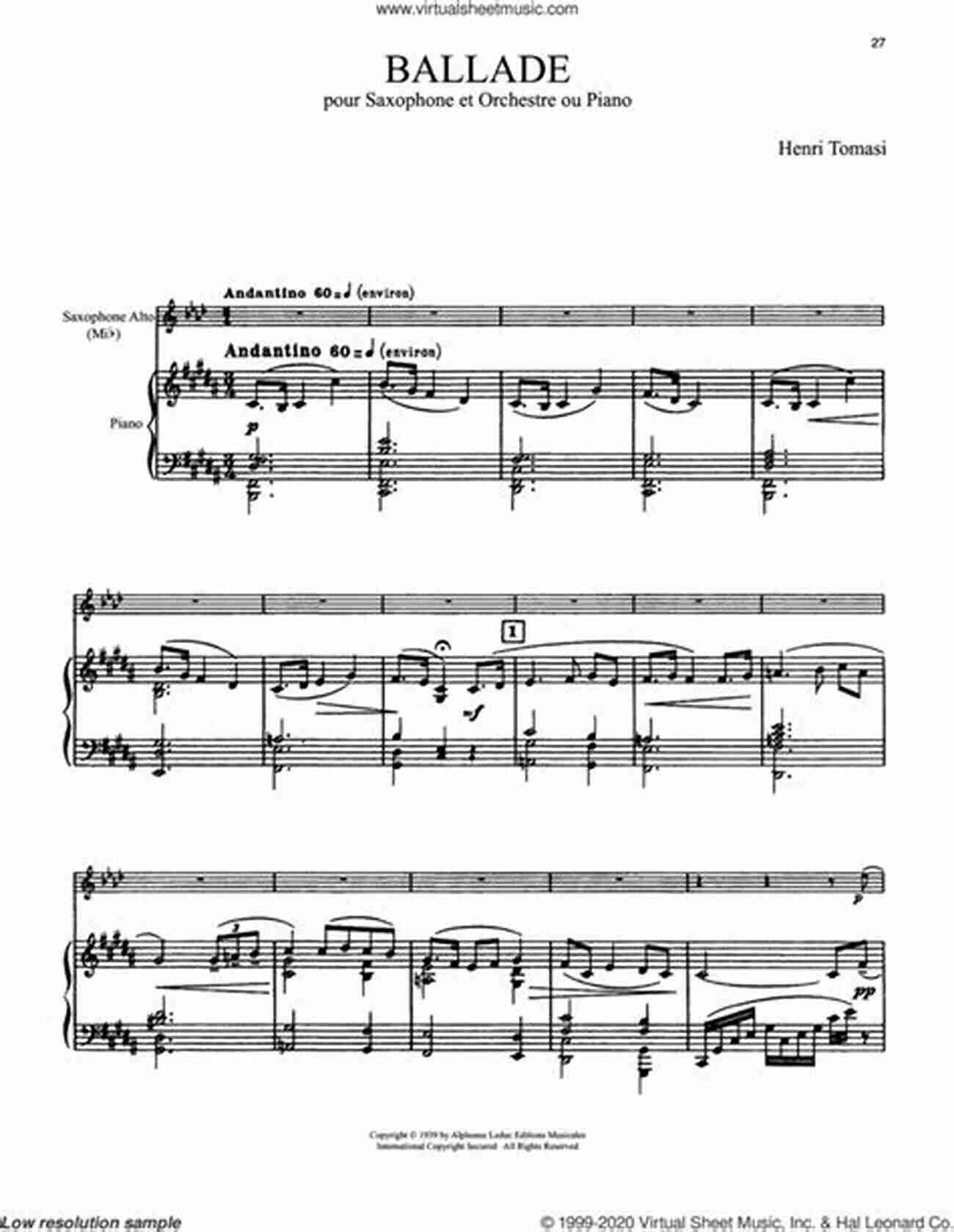 Tomasi Ballade For Alto Saxophone And Piano Eight Pieces By French Composers For Saxophone For Alto Saxophone And Piano